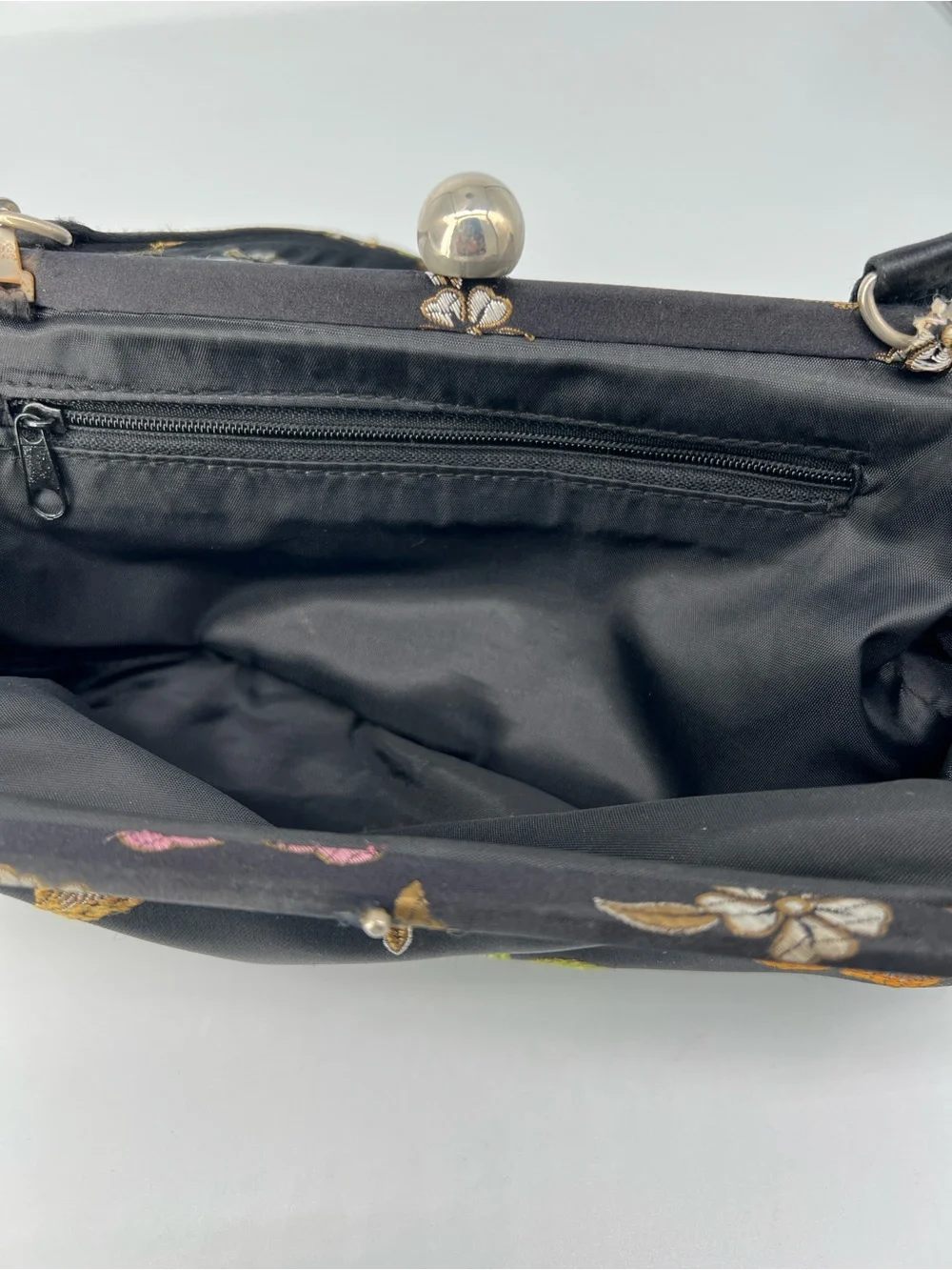 Floral Satin Top-Handle Clutch Bag – Black with Multicolor Flowers